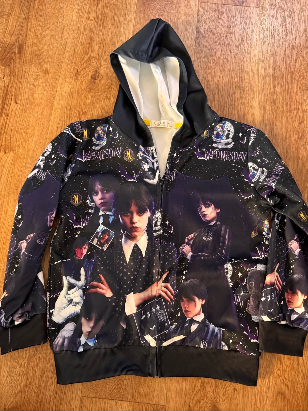 Kids Black Graphic Hooded Zip Sweatshirt - Wednesday-Inspired